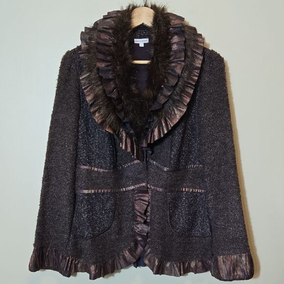 Boston Proper Artisan Wool Blend Jacket Size Large Faux Fur Ruffled Collar Artsy - Picture 1 of 16